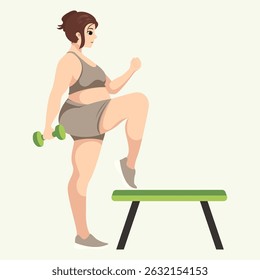 Plus Size Woman Exercising with Dumbbell on a Step Platform