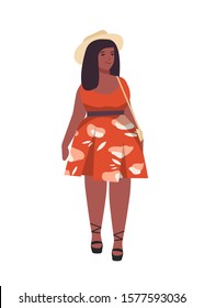 Plus size woman flat vector illustration. Curvy african american female cartoon character wearing light red summer dress and straw hat. Body positive. Plump girl isolated on white background.