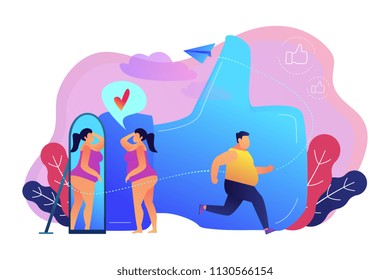 Plus Size Woman In Front Of The Mirror As A Concept Of Body Positivity, Acceptance And Appreciation For All Body Types, Body Image, Self Confidence. Violet Palette. Vector Illustration On Background.