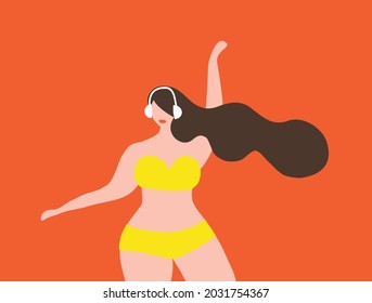 Plus size woman with headphones enjoying music and dancing vector illustration. Music lover and entertainment concept
