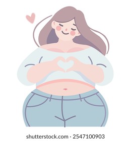 Mujer de talla grande con las manos en forma de corazón en la Ilustración vectorial plana del vientre aislada