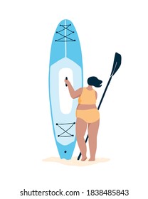 Plus size woman holding her paddle board and paddle. Summer water sports flat vector illustration.