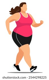 Mujer de talla grande trotando. Ejercicio cardiovascular activo, entrenamiento de resistencia, ejercicio físico. Actividad saludable. Ilustración vectorial plana en estilo sin rostro aislado sobre fondo blanco