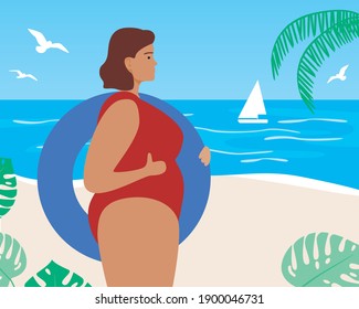 Plus size woman, lifebuoy, seaside resort. Flat vector stock illustration. Young woman in a swimsuit. Beach resort vacation. Tropical leaves, palms. Beach Resort Concept