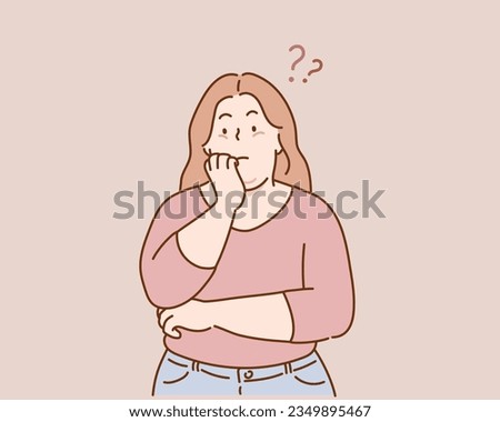 plus size woman looking sideways with doubtful and skeptical expression. Hand drawn style vector design illustrations. Imagine de stoc © 