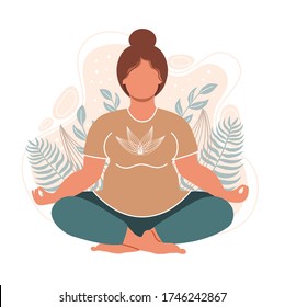 Plus size woman meditating and sitting in lotus on the natural background. Attractive overweight girl. Happy people. Concept illustration for yoga, meditation, relax. Vector illustration in flat style