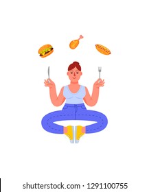 Plus size woman in a meditation pose with fork and knife in her hands and unhealthy food. Burger, hot dog and drumstick. Vector illustration in cartoon style.