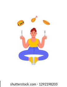 Plus size woman in a meditation pose with fork and knife in her hands and unhealthy food. Burger, hot dog and drumstick. Vector illustration in cartoon style.