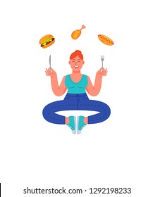 Plus size woman in a meditation pose with fork and knife in her hands and unhealthy food. Burger, hot dog and drumstick. Vector illustration in cartoon style.