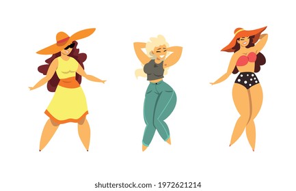 Plus Size Woman Model Posing and Smiling Vector Set