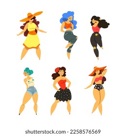 Plus Size Woman Model Posing and Smiling Vector Set