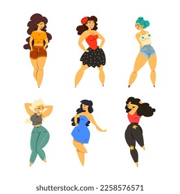 Plus Size Woman Model Posing and Smiling Vector Set