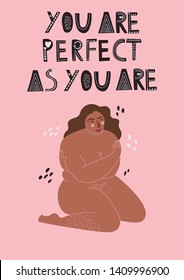 Plus size woman on pink backgroung. Flat vector illustration. Hand drawn lettering, quote sketch typography. Body positive