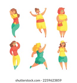 Plus Size Woman with Plump Figure and Happy Face Standing and Running Vector Set