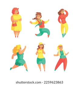 Plus Size Woman with Plump Figure and Happy Face Standing and Running Vector Set