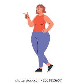 Plus size woman. Plump smiling happy woman in tracksuit. Sports training, weight loss, keeping fit. Flat vector illustration isolated on white background.