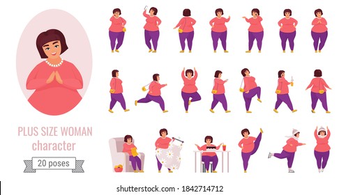 Plus size woman poses vector illustration set. Cartoon cute fat female character collection with large curvy lady posing, doing sport or yoga exercises and skating, eating big cake isolated on white