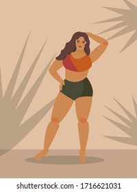 Mujer más grande posando mientras está de pie. Concepto positivo del cuerpo. Chica atractiva con sobrepeso. Para el movimiento de aceptación de grasas no hay fobia. Ilustración vectorial.