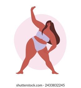 Plus size woman in purple swimsuit doing exercises. Curvy female body. Body positive concept