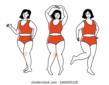 Plus size woman in red underwear in different active poses. Happy girl dancing, body positive concept. Vector outline illustration. Female character isolated on white background