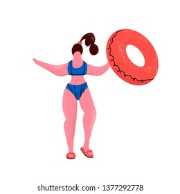 plus size woman with rubber ring. Girl in bikini with inflatable circle in swimming pool. Positive woman in swimming suit and flip flops. Flat cartoon style hand drawn illustration on white background
