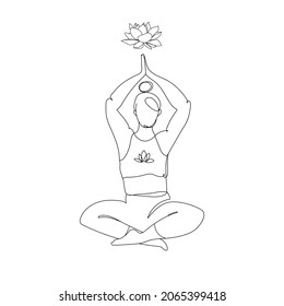 Plus size woman sitting in lotus position and doing yoga, lotus symbol isolated on white background, drawn in minimalist linear contour style.Love self, body positive and yoga.Vector graphic 