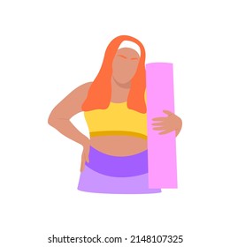 Plus size woman in a sports uniform holding yoga mat. Gym home. Healthy lifestyle, keeping fit, workout, motivation, sport. Body positive overweight woman. Hand drawn flat vector illustration
