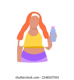 Plus size woman in a sports uniform holding drink water. Gym home. Healthy lifestyle, keeping fit, workout, motivation, sport. Body positive overweight woman. Hand drawn flat vector illustration