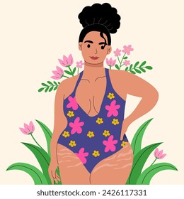Plus size woman with stretch mark in her skin proud to show her self by wearing swim suit vector illustration
