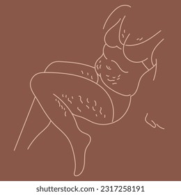 Plus size woman with stretch marks on legs and her belly. Body positive. Line art. Female body