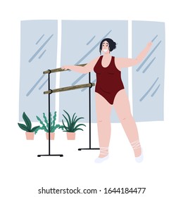 Plus size woman trains ballet in a class. Flat cartoon free hand drawing illustration. 