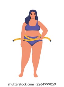 Plus size woman in underwear and measuring tape. Oversize fatty girl. Obesity weight control concept. Overweight female cartoon character full length. Vector illustration