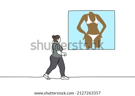 plus size woman walking or running near banner with thin female body in  underwear - one line drawing vector. concept of losing weight by the summer, marketing body shaming 