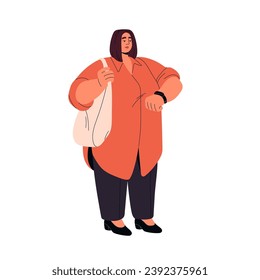 Plus size woman watching on wristwatch. Chubby business girl, busy fat person, chunky character with overweight. Time management. Body positive, acceptance. Flat isolated vector illustration on white
