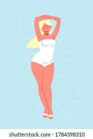 Plus size woman in white swimsuits on blue background. Vector flat isolated illustration. Overweight young beauty blonde girl with tropical leafs monstera. Body positive concept