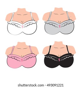 Plus size woman's big bra of white, pink, grey and black colors with laces isolated vector. Vintage bra design for big breasts