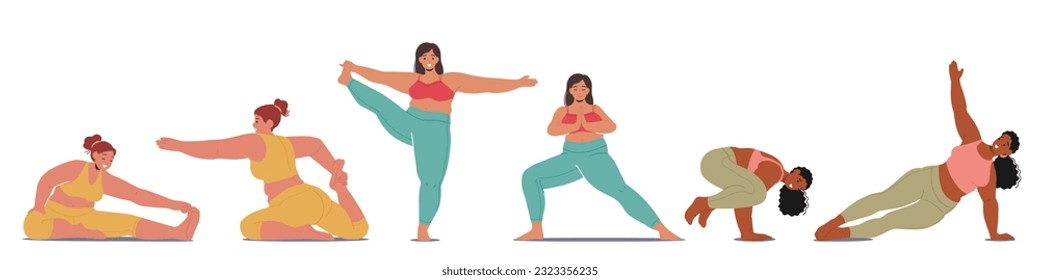 Plus Size Women Characters Gracefully Practicing Yoga, Chubby Girls Breaking Stereotypes, And Promoting Body Positivity, Strength, Flexibility, And Self-care. Cartoon People Vector Illustration