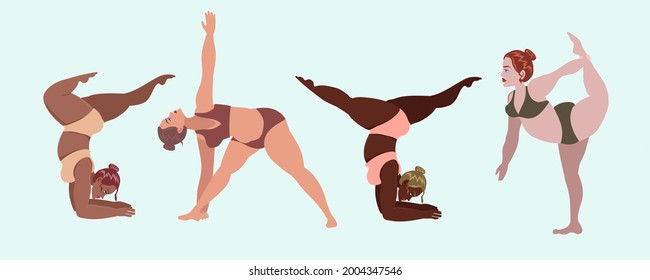 Plus size women of different nationalities practice yoga and sports. 