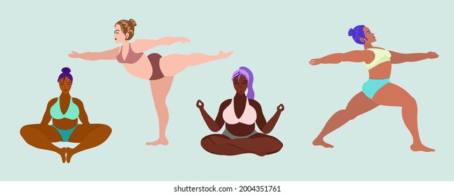 Plus size women of different nationalities practice yoga and sports. Plus size women lead a healthy lifestyle and exercise.