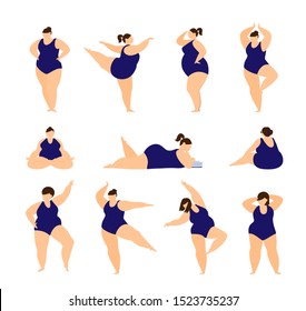 Plus size women in different poses in swimsuits. Dancing, sitting, reading, observing, meditating, posing. Flat vector illustration. 