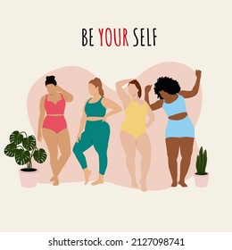 Plus size women in different poses. Template for poster, banner, advertising material. Vector illustration. Body positive creative.