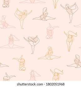Plus size women do yoga. Stock vector seamless pattern. Line illustration.
