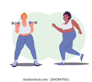 Plus Size Women Exercising Weight Lifting and Running 
