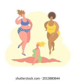 Plus size women in flat style swimwear. Body positive concept, love your body. Vector stock illustration. 