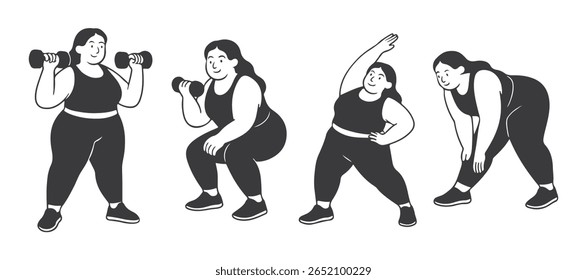 mais tamanho mulheres Gym Workout Vetor - Corpo Positivo Fitness Ilustração em roupas ativas