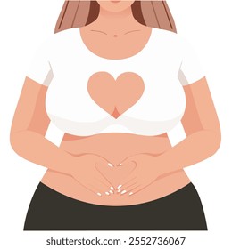 Plus size women with heart shaped hands on belly flat vector illustration isolated on white background