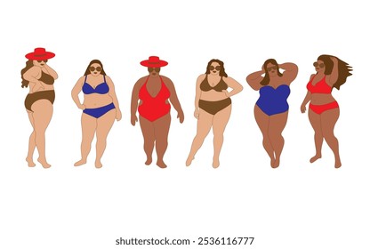 Plus size women in the swimsuit collection. Vector illustration of many young cartoon women standing in different poses and in swimsuits on a white background.