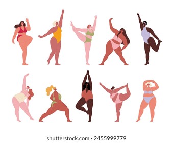 Plus size women in swimsuits. Body positive people. Curvy female body. Women doing exersises. Active lifestyle concept