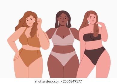 Mujeres de talla grande en traje de baño. Diferentes tipos de cuerpo. Ilustración vectorial de la neutralidad corporal
