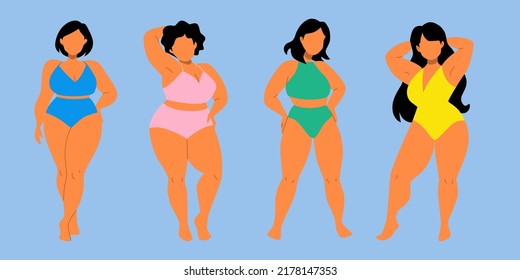Plus size women in swimsuits set. Love your body, body positive girls, overweight female. Diverse group of women in bikini or underwear. Summer time illustration, beach vibes, pool party